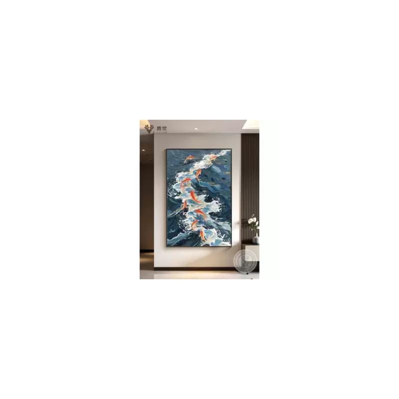 九鱼图玄关装饰画现代简约轻奢进门正对墙挂画背靠金山聚财风水画