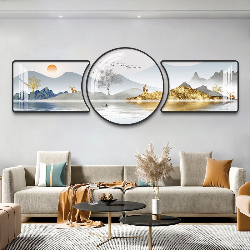 简约客厅装饰画沙发背景墙挂画卧室圆角框墙壁画轻奢新中式三联画