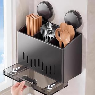 不锈钢吸盘筷子筒收纳盒壁挂式家用厨房免打孔刀架一体沥水置物架
