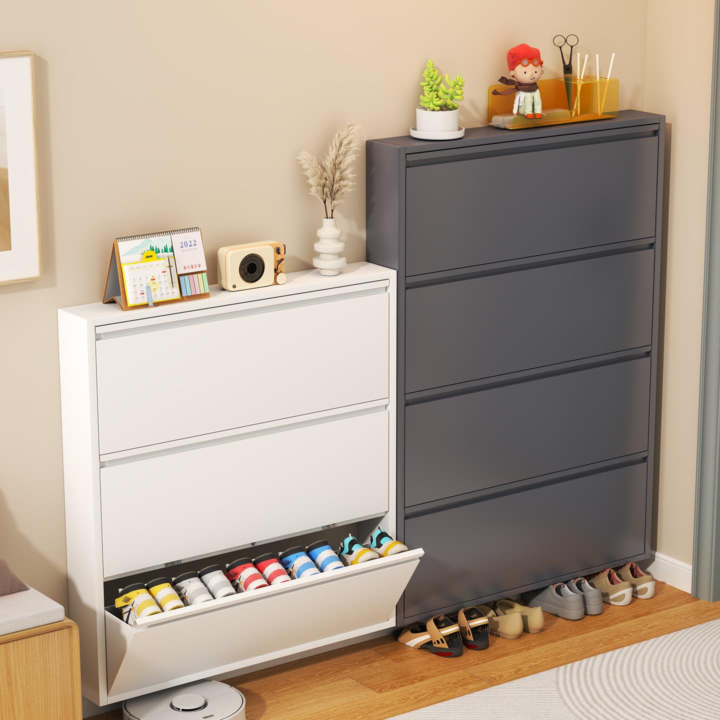 10—12cm超薄鞋柜小户型家用门口大容量收纳省空间翻斗柜钢制鞋架