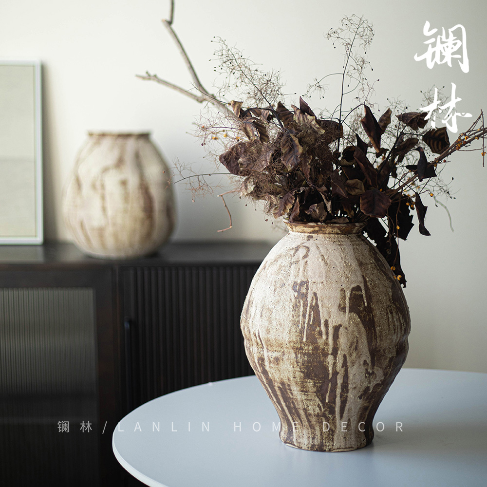 新中式复古粗陶花瓶民宿陶罐陶瓷花盆家居摆件插干花水养种植花器