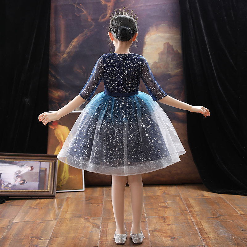 儿童礼服公主裙女童生日蓝色小女孩花童婚礼主持人钢琴演出服秋冬