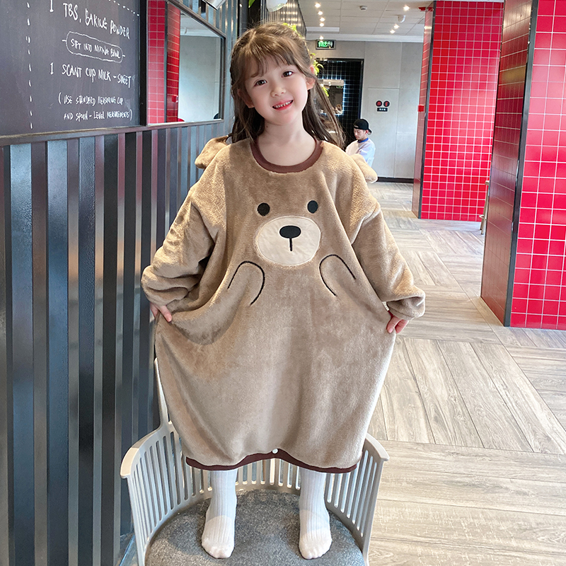 儿童睡袍法兰绒防踢被男童女童珊瑚绒睡裙冬季加厚保暖睡衣家居服