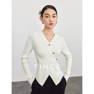 TINGE贴己春秋新款显瘦V领毛针织衫开衫女长袖打底外穿精致感上衣