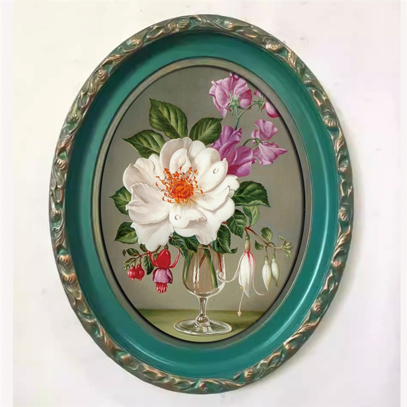 椭圆圆形油画框绿色花卉风景油画装饰画配框外框装裱框宽度6cm图片