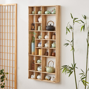 挂墙博古架多宝阁实木中式茶杯架壁挂式茶具收纳架摆件古董架茶架