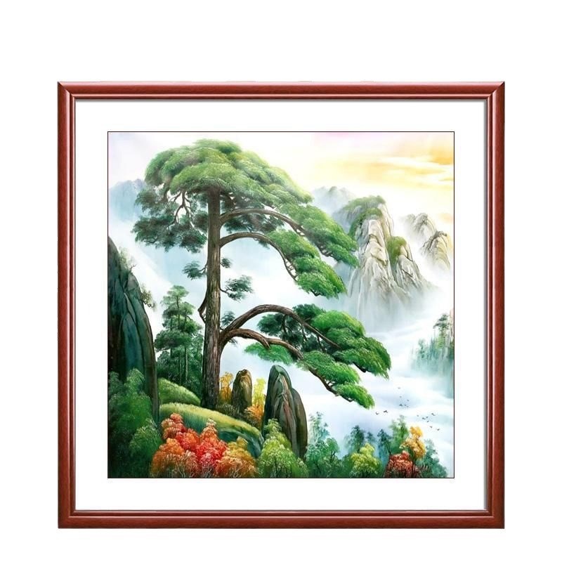 黄山迎客松壁画饭店办公室正方形走廊挂画玄关背景墙新中式装饰画图片