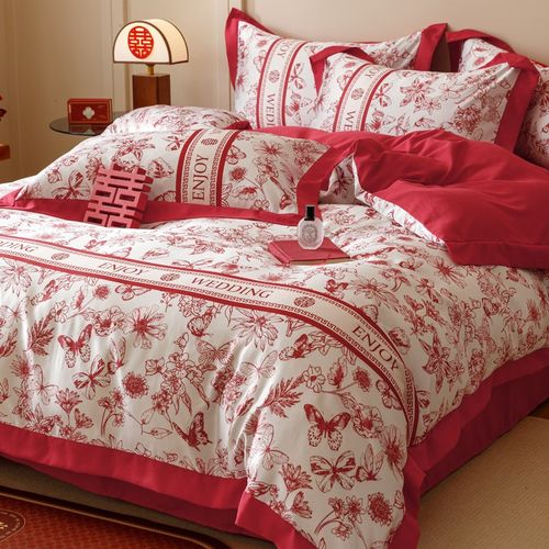 简约100支印花结婚四件套红色床单花卉被套全棉婚庆床上用品礼盒4