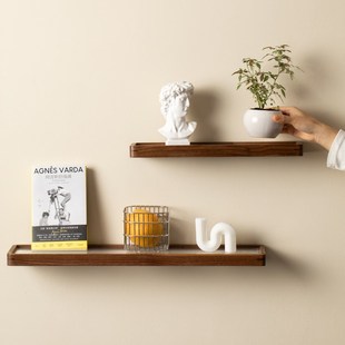 墙上置物架客餐厅卧室装饰壁挂黑胡桃实木高级感一字板多层收纳架