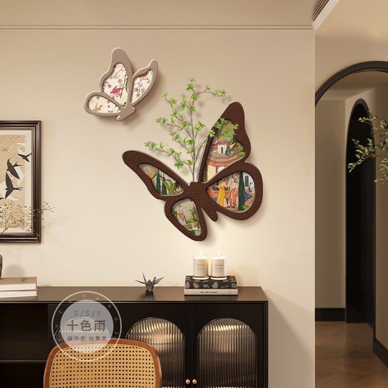 中古风电视背景墙面装饰画法式蝴蝶餐厅挂件画高级感绿植客厅壁画