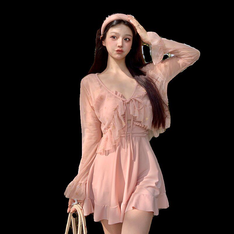 泳衣女款夏连体保守微胖女孩遮肉长袖罩衫高级感2024新款温泉泳装