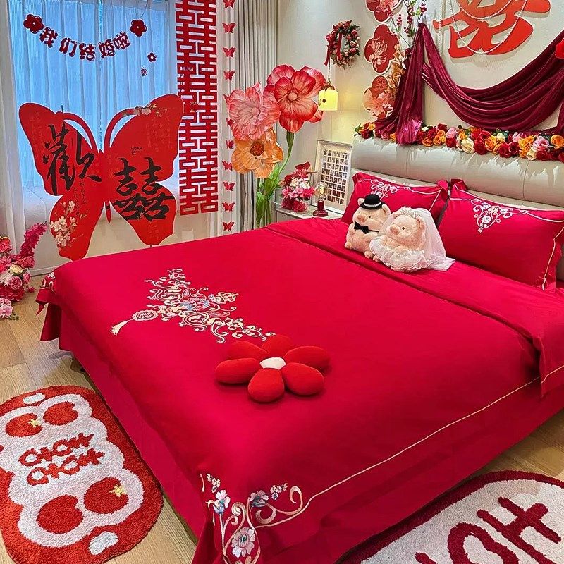 结婚大红色全棉纯棉四件套刺绣被套中式婚庆陪嫁床上用品陪嫁床单