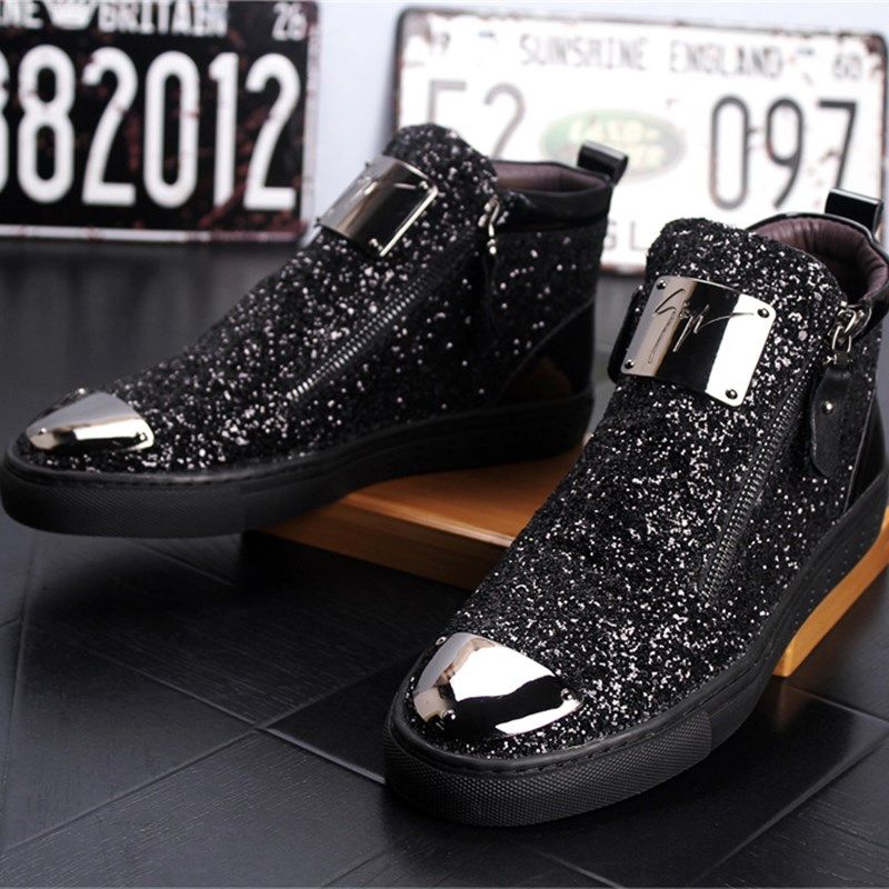 加绒男士短靴子高帮板鞋单鞋英伦内增高马丁靴发型师皮鞋亮片男鞋