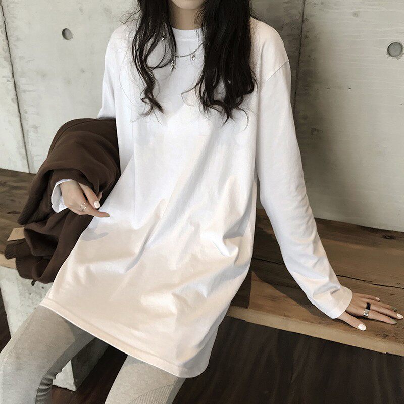 秋冬加绒长袖打底衫女大码宽松长款遮屁股白色纯棉内搭圆领t恤女