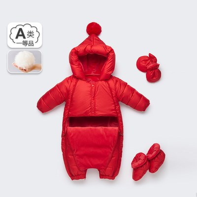婴儿羽绒服连体衣女宝宝新年红色外出服男宝宝百天满月拜年服冬装