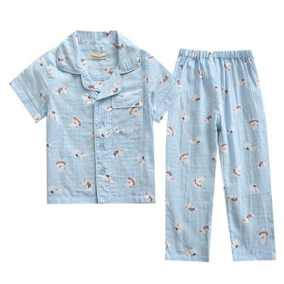 夏薄纯棉纱布男童男孩儿童短袖长裤全棉空调服家居服睡衣套装A类