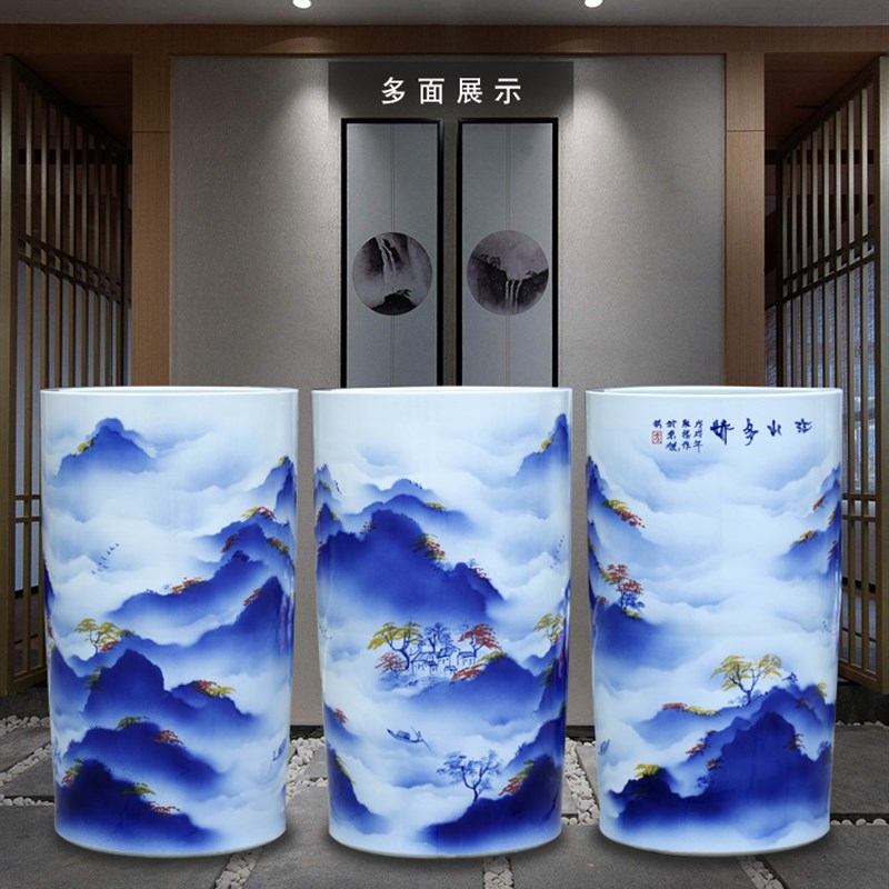 中式客厅装饰陶瓷瓶手绘青花瓷器箭筒字画桶书画缸卷轴缸书房摆件图片