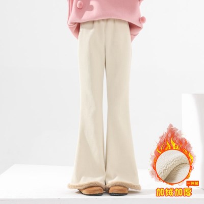 女童喇叭裤卫衣秋冬加绒裤子女儿童灯芯绒加厚微喇阔腿裤卫衣套装