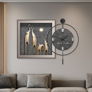 大象餐厅装饰画钟表挂钟客厅2025新款轻奢高级感挂画组合餐桌壁画