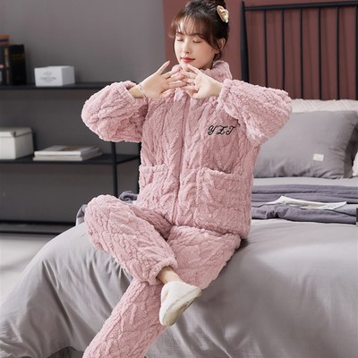 情侣睡衣女冬季法兰绒加绒加厚三层夹棉保暖男款家居服套装可外穿