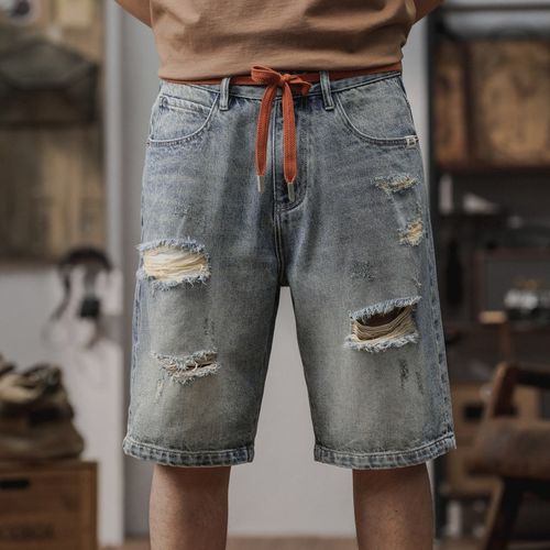 破洞刮烂水洗夏季薄款牛仔短裤男士直筒宽松五分裤子2024新款马裤