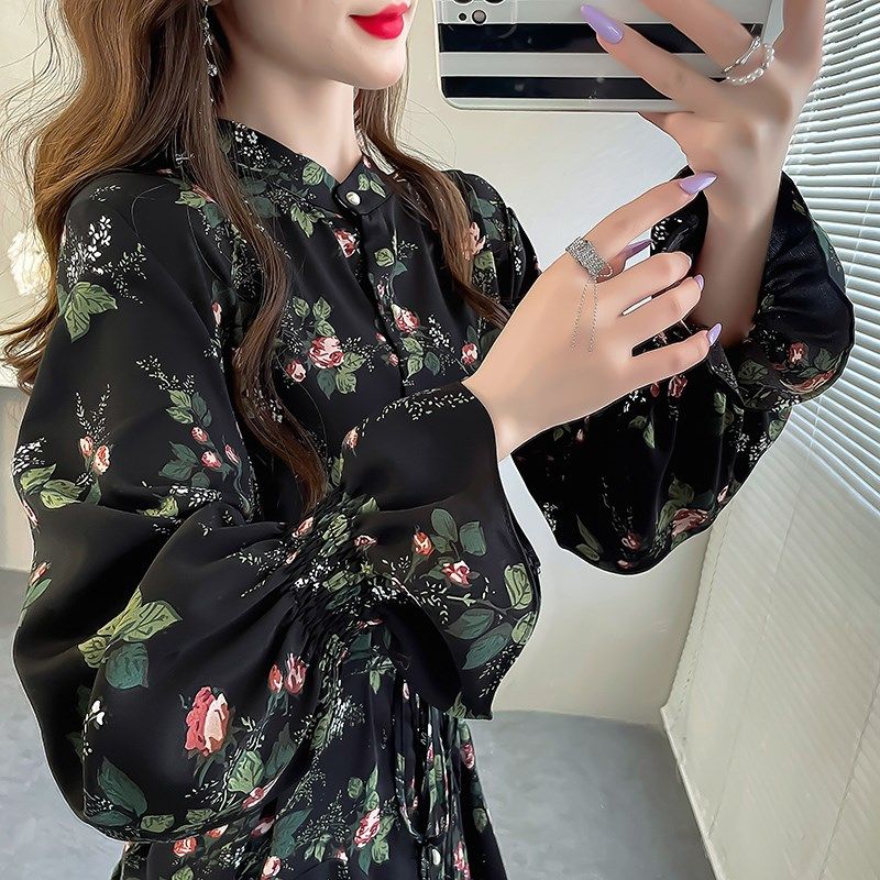 秋气质荷叶边法式碎花上衣系带中长款衬衫女遮屁股洋气喇叭袖衬衣,女装/女士精品,衬衫,淘宝优惠券,粉丝福利购,淘宝优惠卷