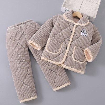 冬季儿童睡衣加厚法兰绒加绒家居服男童套装夹棉女童宝宝三层超厚