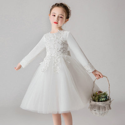 儿童公主裙蓬蓬裙长袖白纱裙子女童红色连衣裙宝宝演出礼服春秋冬