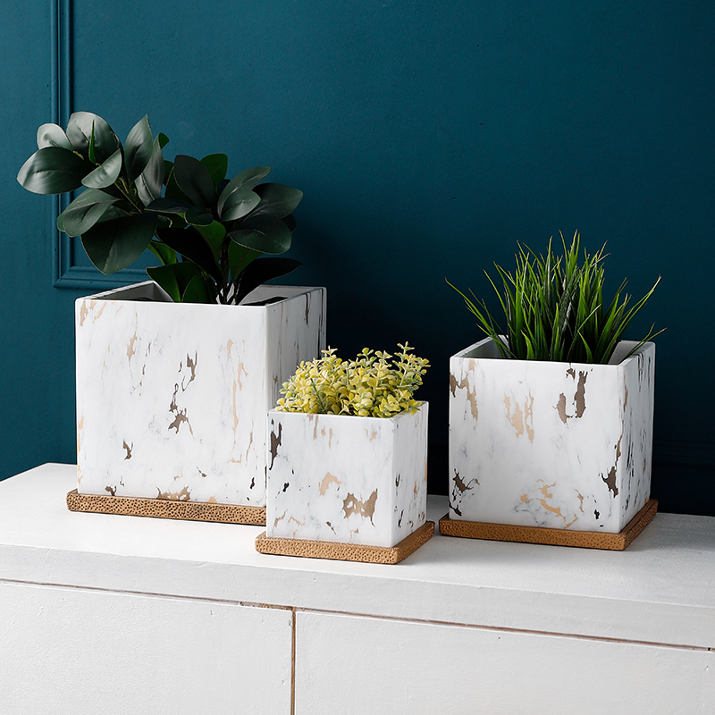 简亦水泥陶瓷花盆北欧风格简约创意盆栽方形大号大理石纹金色纹