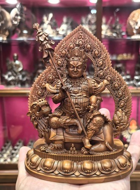 财宝天王/毗沙门/财宝大将/多闻天王15cm紫铜佛像护法财神摆件