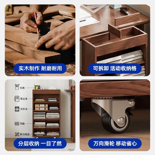 书桌旁小书架落地置物架可移动儿童简易实木卧室床头小书柜子多层