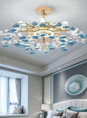 客厅灯田园蓝色花朵水晶女生主卧室吸顶灯新款粉色花型灯具
