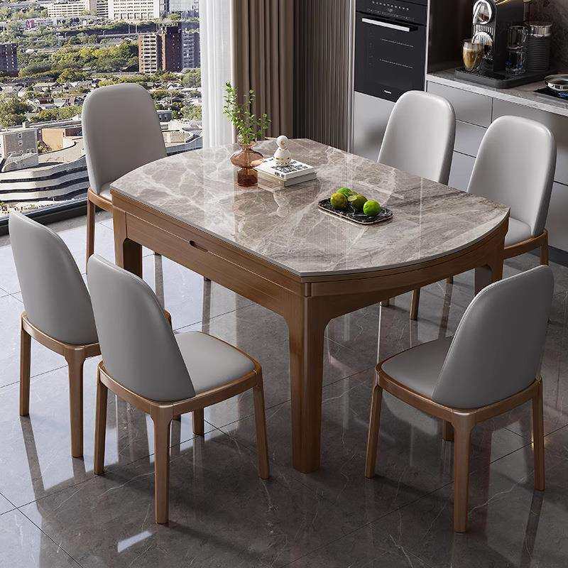 实木岩板餐桌椅组合现代简约小户型方圆两用伸缩饭桌带电磁炉餐桌