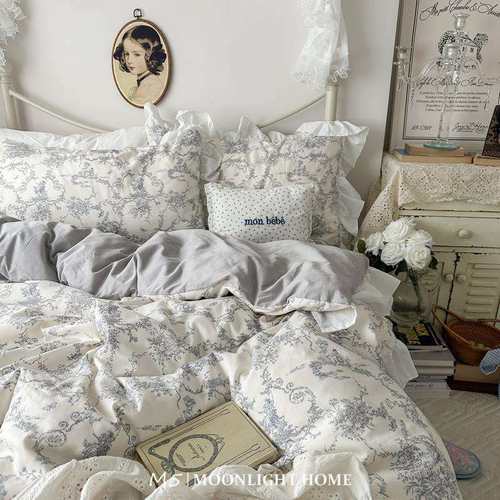 法式复古赫本风荷叶边花边全棉床上四件套纯棉床单被套床笠三件套