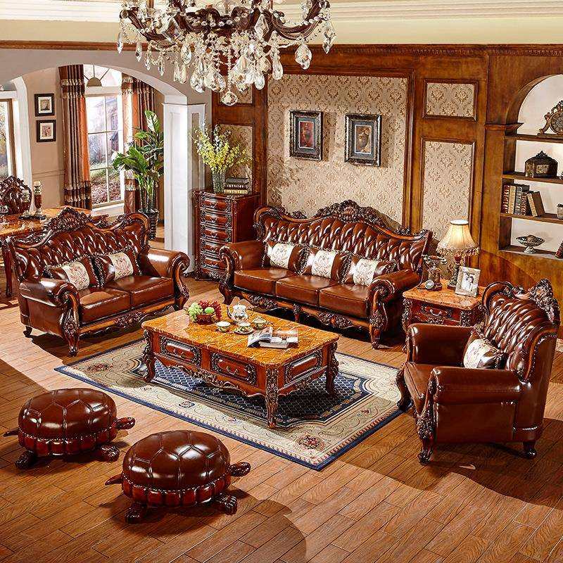欧式沙发实木真皮123组合高档真皮沙发小U型客厅新款美式别墅家具