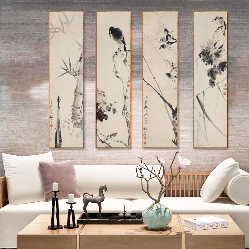 新中式客厅装饰画布画四联组合书房办公室墙挂画玄关水墨壁画花卉图片