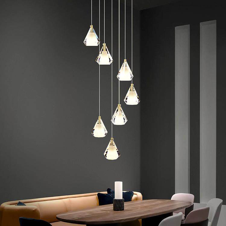 全铜复式楼长吊灯现代简约北欧创意个性吧台饭厅餐厅三头水晶吊灯