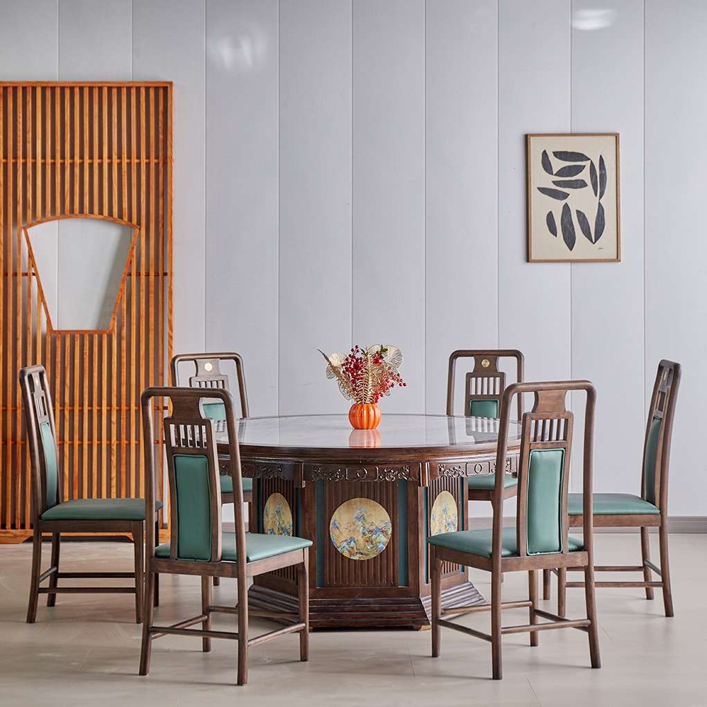 新中式北榆木餐桌椅组合客厅家用餐桌套装家具大圆桌实木