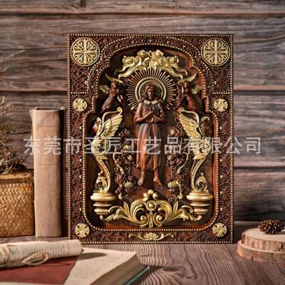 热采手工艺品方形图标木质浮雕摆件工艺品西方教堂圣像雕刻