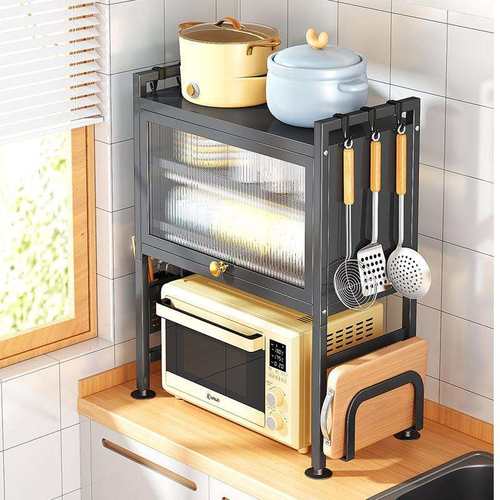 厨房置物架台面多功能放调料碗碟架子防尘烤箱收纳柜带柜门微波炉