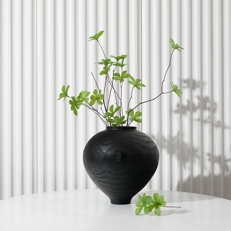 轻奢黑色树脂圆肚花瓶摆件