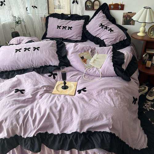 2024新款法式花边水洗棉四件套纯色蝴蝶结单人三件套女生床裙套件