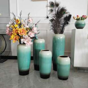 陶瓷花瓶落地摆件客厅大瓶水培竹子翡翠绿高长插花瓶孔雀羽装饰D&