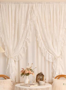 法式白色蕾丝窗帘公主风双层纱帘透光不透人梦幻少女卧室飘窗门帘