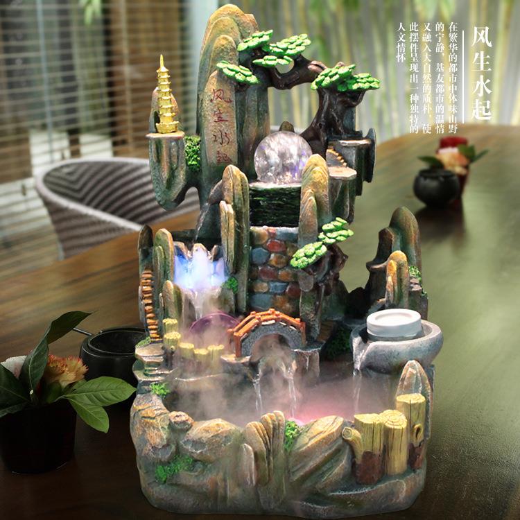 小型假山流水喷泉风水轮加湿器装饰摆件客厅办公室桌面生财装饰品