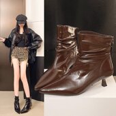 春季 细跟尖头低跟小高跟靴女加绒2026新款 秋冬真堆堆靴短筒0128ed