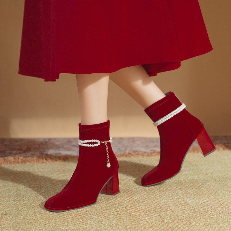 春季珍珠拉链婚鞋新娘鞋女春秋季2026新款高跟短靴禾秀婚纱0122ud,女鞋,时装靴,淘宝优惠券,粉丝福利购,淘宝优惠卷