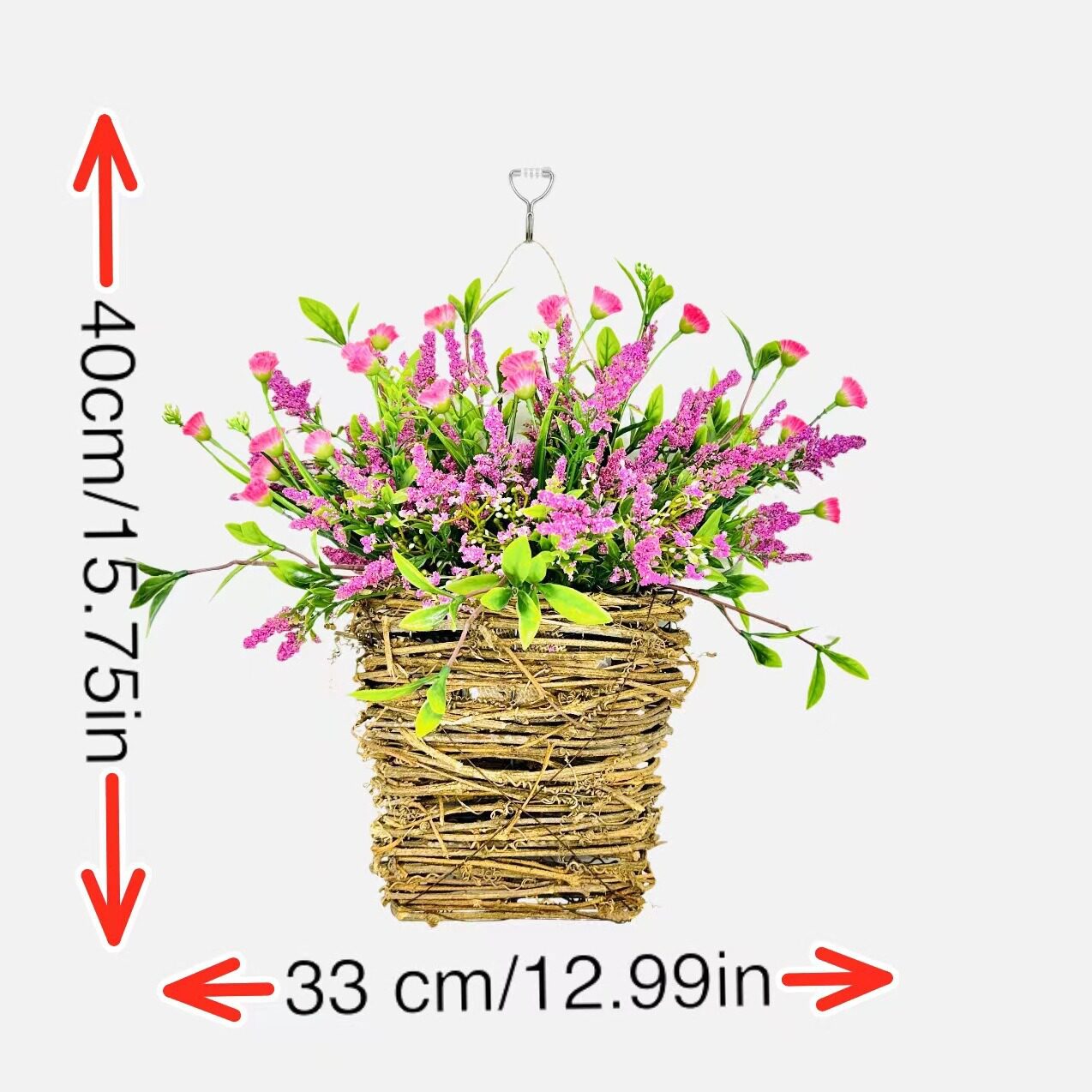 春夏季粉色浆果和野花门挂花篮花环家居装饰野花春季夏季藤篮吊篮