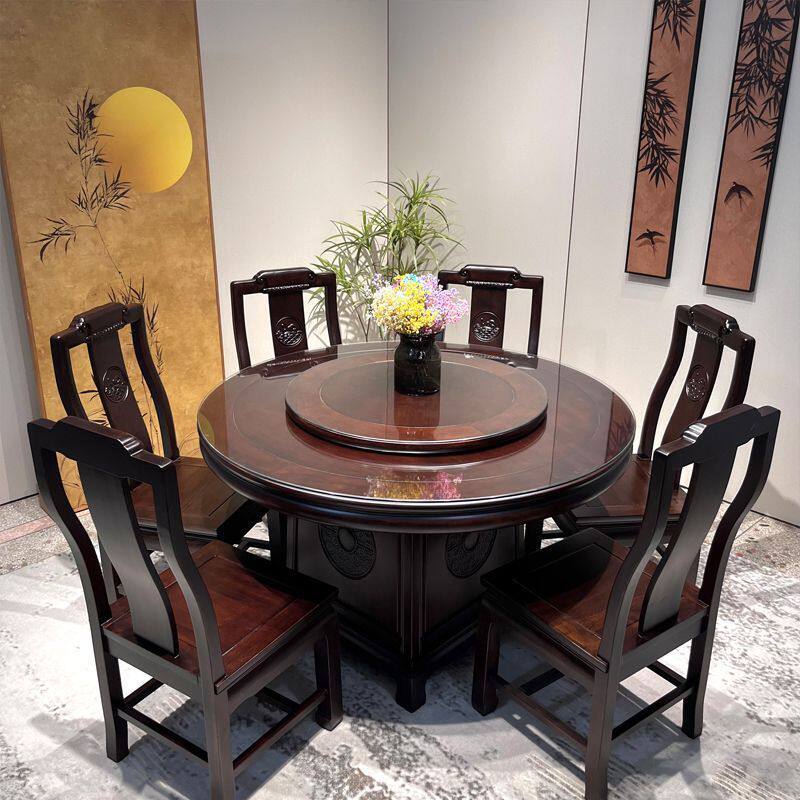 紫檀木全实木餐桌中式仿古雕花红木餐桌高端古典家用加厚饭桌桌子