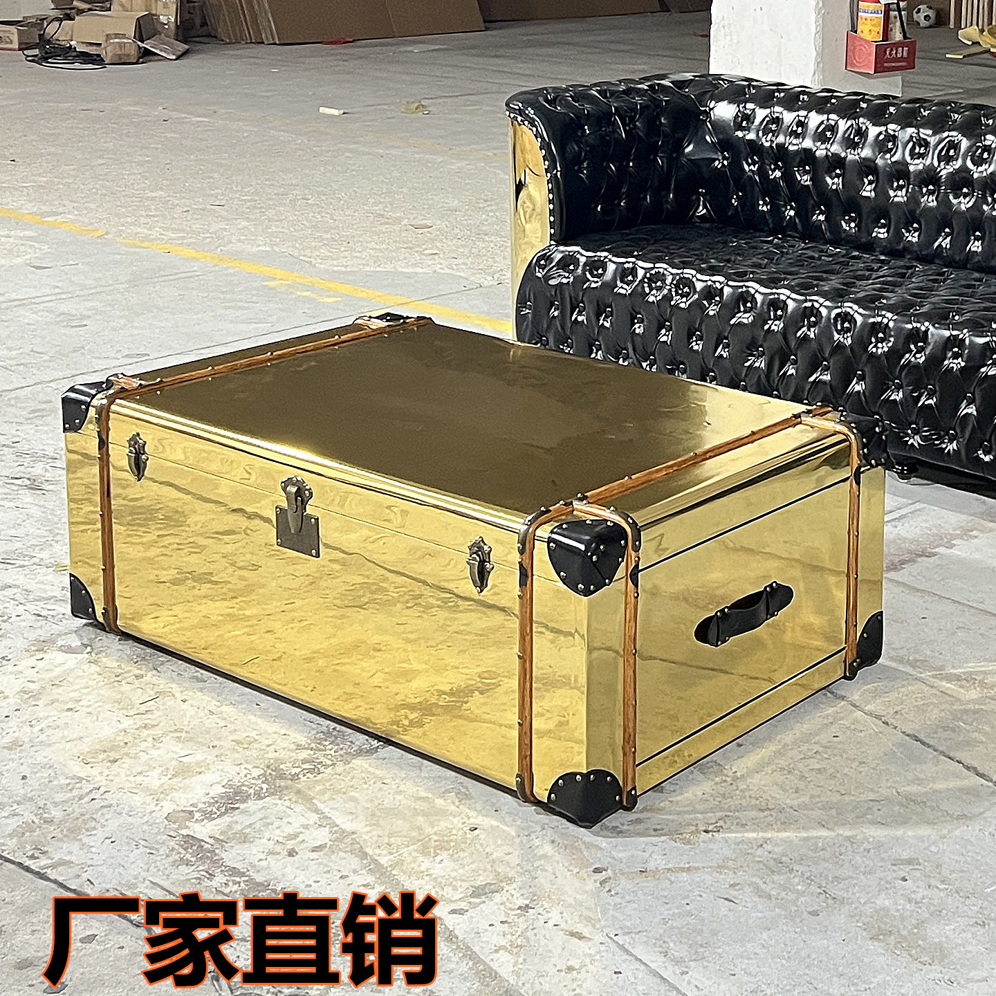 中古风家具LOFT美式复古工业风铝皮酒吧茶几金属古铜色皮箱子茶几